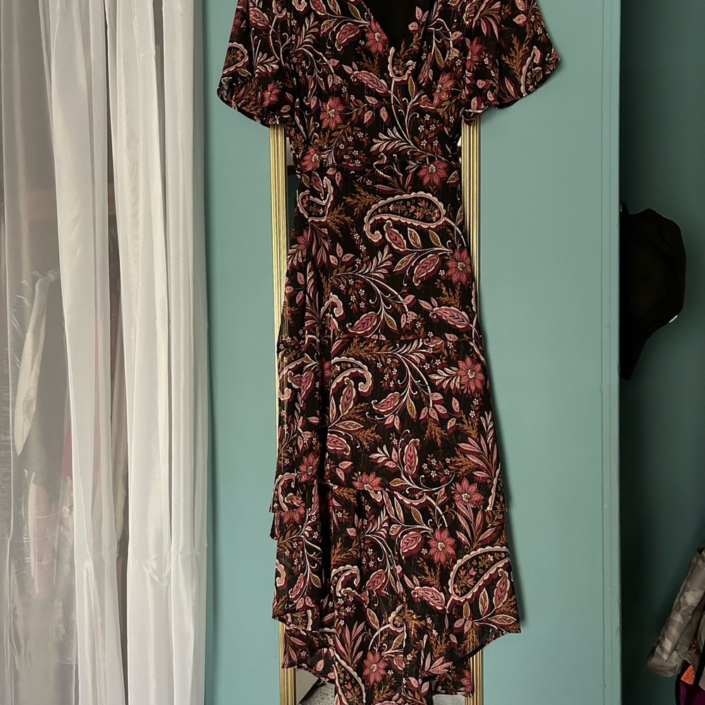 Tacera Brown Asymmetrical Flutter Sleeve Sundress